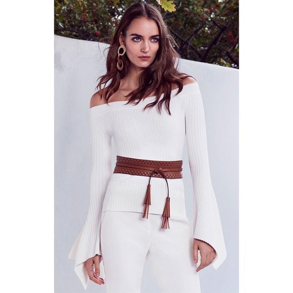 BCBG MaxAzria Gardenia Cream Stevie Ribbed Off The Shoulder Bell Sleeve Sweater - Picture 13 of 13